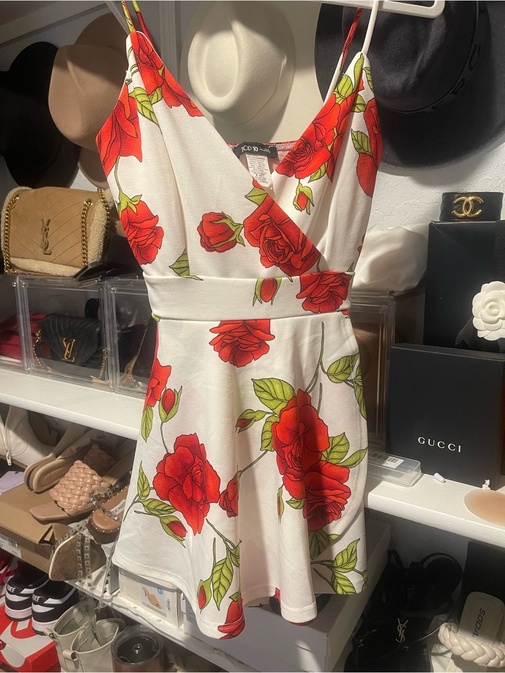 NanaMacs White Mini Dress with Red Rose Print